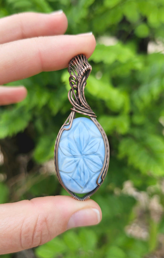 Carved Owyhee Blue Opal Pendant