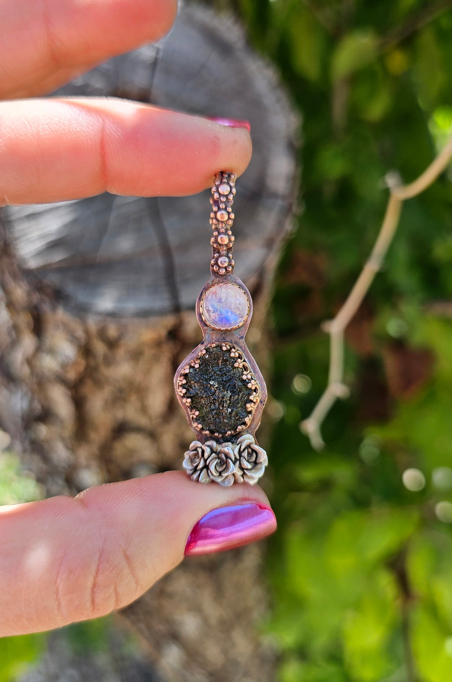 Moldavite & Moonstone Pendant