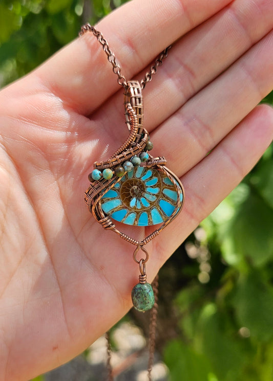 Turquoise-Inlaid Ammonite Pendant